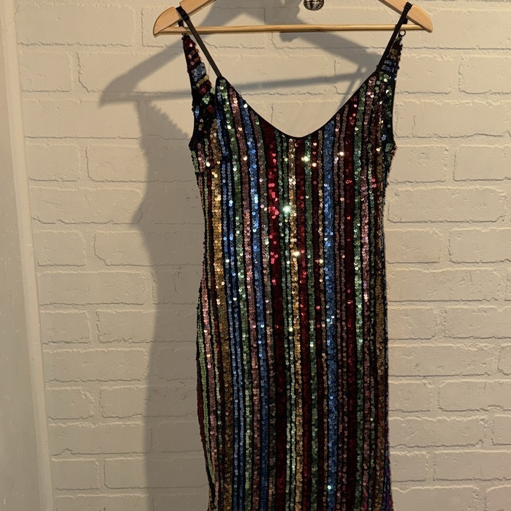 Bebe Rainbow dress Sequin Sheath cowl Draped Back small Stretchy Black NEW - Picture 4 of 6